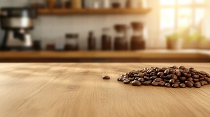 Wall Mural - A close-up of coffee beans on a wooden table in a cozy kitchen setting.