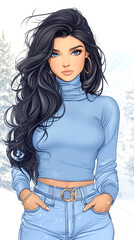 Canvas Print - A woman with long black hair and blue clothing. She is wearing a blue shirt and blue jeans