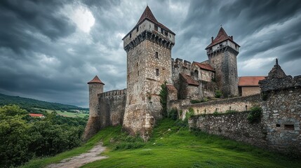 Canvas Print - A medieval castle stands majestically against a dramatic sky, surrounded by lush greenery.