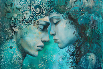 Wall Mural - A painting of two people with blue hair and blue eyes