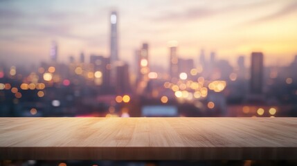 A blurred cityscape at dusk with a wooden tabletop in focus, ideal for product display.