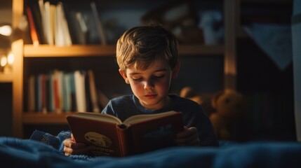 Poster - A boy reads a book in a cozy, dimly lit room, surrounded by shelves and a teddy bear.