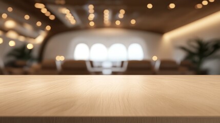 Poster - A wooden tabletop in a modern, softly lit interior space, suggesting a welcoming atmosphere.