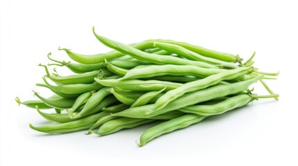 A pile of fresh green beans on a white background, ideal for cooking and healthy meals.