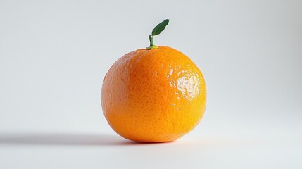 A vibrant orange fruit with a green leaf on a plain background.