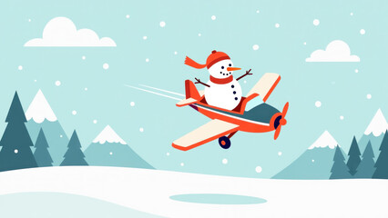 Wall Mural - Snowman flying an airplane in snowy landscape