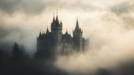 Canvas Print - A mystical castle emerges from the fog, evoking a sense of mystery and enchantment.