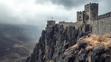 Canvas Print - A rugged castle perched on a rocky cliff under a moody sky, showcasing historical architecture.