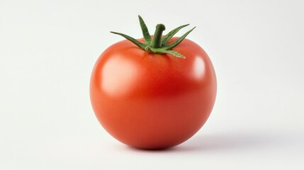 Wall Mural - A vibrant red tomato with green leaves, showcasing its fresh and appetizing appearance.