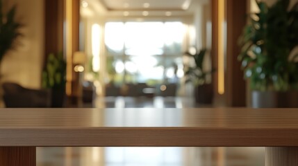 Wall Mural - A modern lobby with a wooden table in the foreground and blurred furniture and plants in the background.