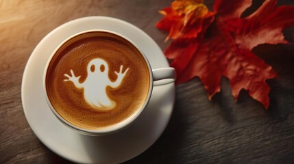 Spooky latte art with a ghost design for Halloween, perfect for fall season.