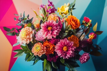 Wall Mural - Colorful Floral Arrangement Against a Geometric Background