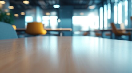 Wall Mural - A blurred view of a modern office space with wooden tables and bright windows.