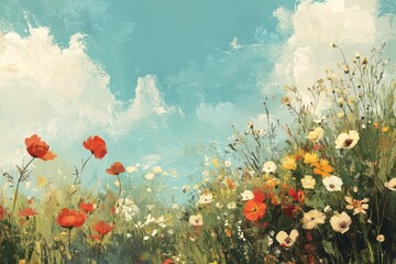 Wall Mural - A Field of Red and White Flowers Under a Blue Sky