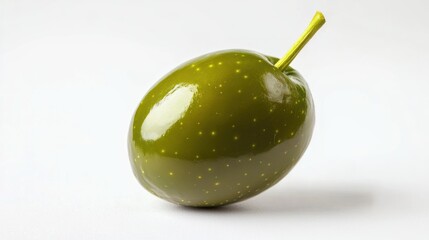 Wall Mural - A shiny green olive with a small stem, resting on a white background.