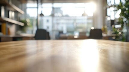 Poster - A blurred view of a modern office space with sunlight streaming in through large windows.