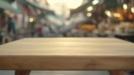 Canvas Print - A wooden table in a bustling market, blurred background with people and stalls.