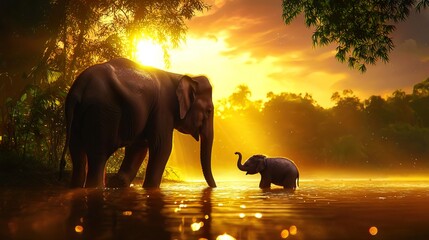 Silhouette of an elephant and calf in a river at sunset.