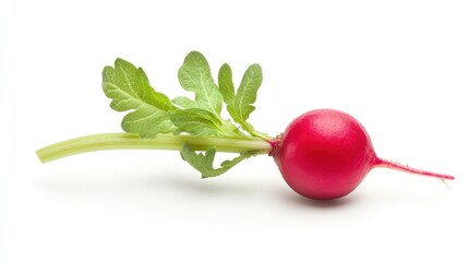 Wall Mural - A fresh red radish with green leaves on a white background.