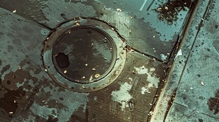 Poster - Wet Concrete Sidewalk with Manhole Cover and Fallen Leaves