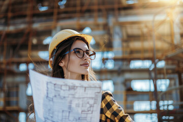 Confident female architect holding blueprints at a construction site, wearing a hard hat and glasses.