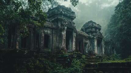 Canvas Print - Ancient temple ruins shrouded in mist, surrounded by dense jungle foliage.