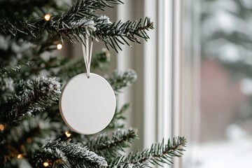 A blank ornament hangs from a snowy Christmas tree beside a window on a winter afternoon, preparing for holiday decorations