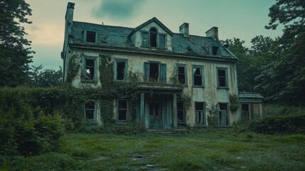 Poster - A dilapidated mansion overgrown with vegetation, evoking a sense of abandonment and decay.