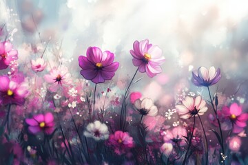 Wall Mural - A Watercolor Painting of Pink and White Flowers in a Field