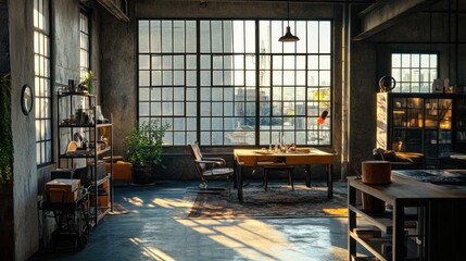 A stylish workspace with large windows, plants, and industrial decor, ideal for creativity.