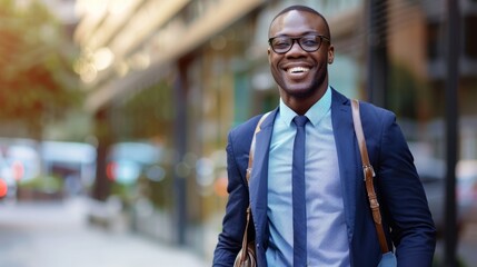 Poster - A man wearing a blue suit and glasses is smiling and walking down a street