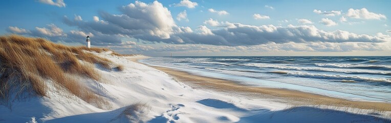 Poster - Sunny shoreline with gentle waves and a distant lighthouse during winter afternoon near sandy dunes