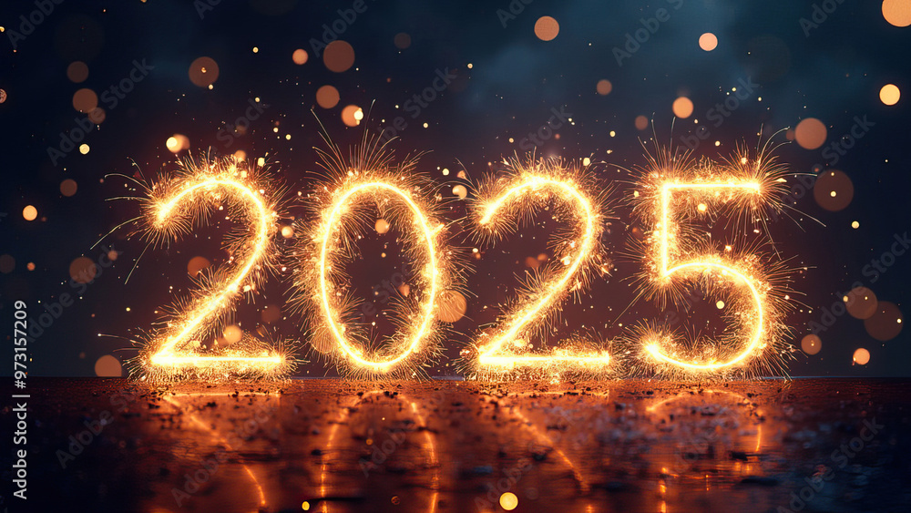 happy new year sparkling fireworks forming number 2025 on dark