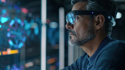 A man wearing a pair of virtual reality goggles is looking at a computer screen