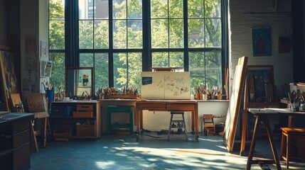 Poster - A bright art studio filled with easels, tools, and natural light.