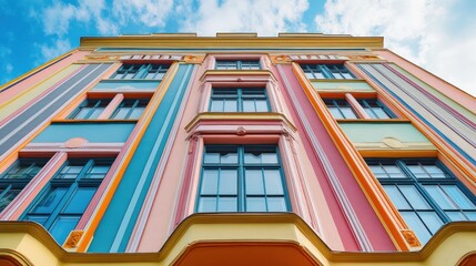 Wall Mural - A colorful building facade with vibrant stripes and large windows against a blue sky.