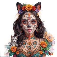 Wall Mural - Día de los Muertos, Mexican holiday Day of the Dead and Halloween. Vector illustration of a woman with sugar skull makeup - Calavera Catrina, cat, flowers and mexican objects for poster or background