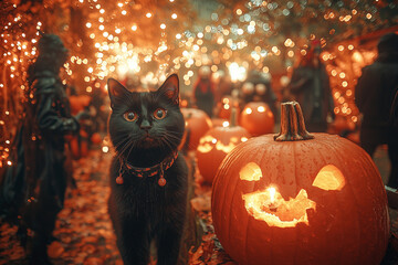 A charming black cat wanders amidst glowing jack-o'-lanterns during a festive autumn night