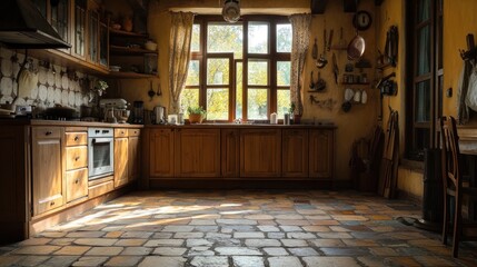 Canvas Print - Cozy kitchen with wooden cabinets, sunlight streaming through windows, and rustic decor.