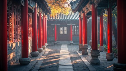 Poster - Serene pathway through traditional architecture with red pillars and autumn foliage.