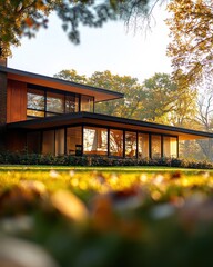 Canvas Print - Modern house surrounded by trees and grass, showcasing contemporary architecture.