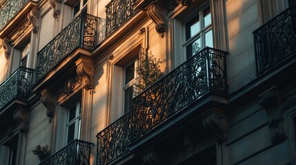 Sticker - Elegant architecture featuring ornate balconies and sunlight casting warm tones.