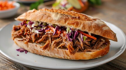 a sandwich with coleslaw and carrots on a white plate