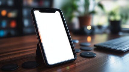 Wall Mural - a black iphone is sitting on a wooden table with a keyboard and a potted plant in the background