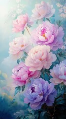 Canvas Print - A Watercolor Painting of Soft Pink and Purple Peonies