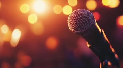 Wall Mural - Close-up of a Microphone with Bright Bokeh Lights