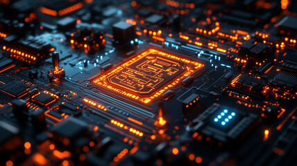 Wall Mural - A computer chip is lit up in orange and blue