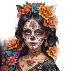 Poster - Día de los Muertos, Mexican holiday Day of the Dead and Halloween. Vector illustration of a woman with sugar skull makeup - Calavera Catrina, cat, flowers and mexican objects for poster or background