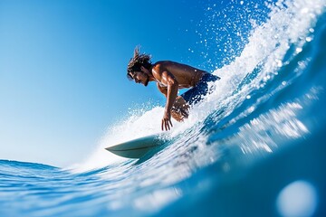 Surfer riding a wave under clear blue skies at a tropical beach during midday sunlight