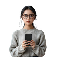 young Woman Holding Cell Phone in Hands isolated on transparent background